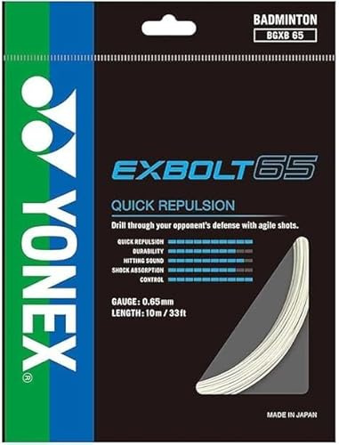 YONEX EXBOLT 65 Badminton Racket String, Gauge 0.65mm,Length 10M / 33FT, Quick Repulsion & Durability Choice of Colors (White)