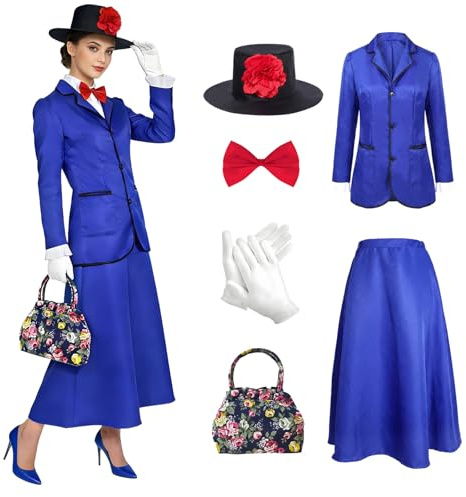 PANMAY Victorian Nanny Costume Women World Book Day Blue Jacket Skirt Hat Storybook Character Dress Up Elegant Historical Attire (L)