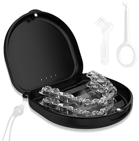 DIPZO Löständersbox & Alignerfodral med avtagbar bricka & rengöringsborste, organiserare för löständer, Invisalign, munskydd (Svart)