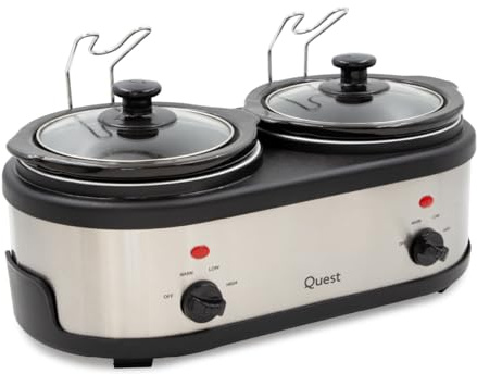 Quest 2 Pot Double Slow Cooker / 2 x 1.5 Litre Ceramic Pots / 3 Heat Settings Including Food Warmer Function/Dishwasher Safe Bowls / 200W Power (16529)