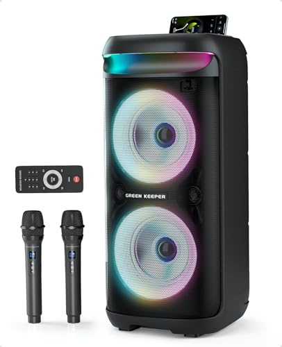 GKD60 Cassa Karaoke con 2 Microfoni, Potente Speaker Bluetooth da 500W, Sistema Audio Professionale con Luci LED, Compatibile con TF/USB/AUX/FM/TWS, Perfetta per Feste all’aperto e Riunioni Familiari