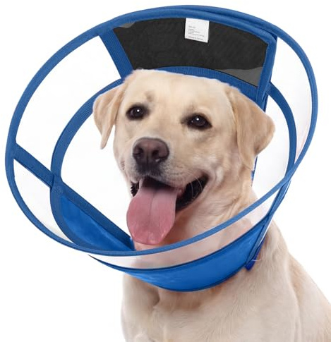 Hundkrage läckageskydd, transparent krage hund mot läckor, justerbar halshugga hundar med dragsko, tratt hund efter OP, vikbart halsband, marinblå XL