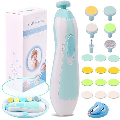 Consevisen - Juego de limas de uñas eléctricas para bebé con cortaúñas, kit de cuidado de uñas para niños pequeños o mujeres, luz LED y 10 cabezales de molienda (blanco/azul)