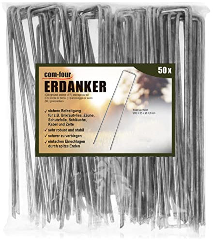 com-four® 50x Erdanker 200x25x3,8mm aus beschichtetem Stahl - robuste Erdnägel zur Befestigung von Unkrautvlies und Folien - Bodenanker für Garten und Camping - eckig (050 Stück - 200x25x3.8mm)
