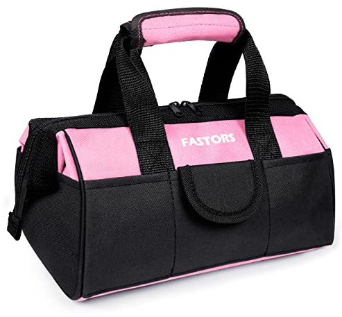 FASTORS Sac à outils rose pour femme avec ouverture de 33 cm de large, double fermeture éclair, sac à outils avec 8 poches extérieures et 2 poches intérieures (rose)