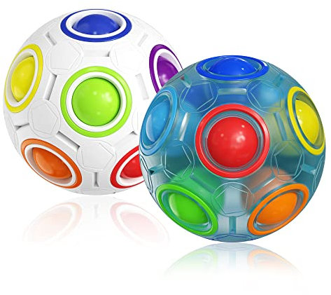 ROXENDA Regenbogenball Fidget Zauberball mit 12 Löcher Rainbow Ball - Geschicklichkeitsspiel Puzzle Ball für Kinder ab 6 Jahren, 2er Pack (Weiß & Blau)