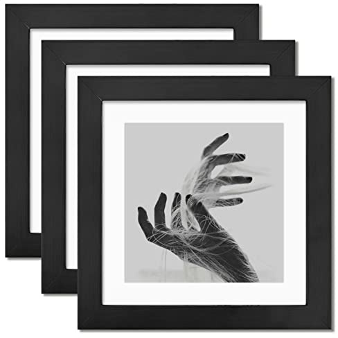 8x8 Photo Frame Set of 3, Solid Wood Square Picture Frames, with Mounts Freestanding and Wall Mounting 2 in 1, Ideal for Displaying 8” Photos, Collages, Portraits (Black)