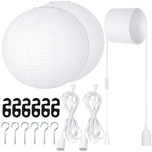Rossesay 2 Sets Jumbo Paper Lanterns with Lamp Cord Cable White Hanging Paper Lanterns Chinese Japanese Pendant Hanging Lamp for Birthday Wedding Bridal Anniversary Party Decoration (Round,16 Inch)