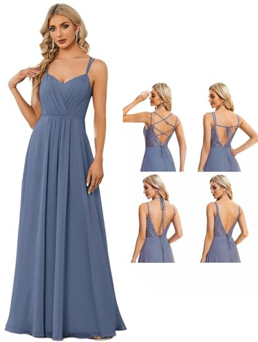 Ever-Pretty Women's Chiffon Adjustable Spaghetti Strap Deep V-Neck Backless Bridesmaid Dress Dusty Navy 12UK