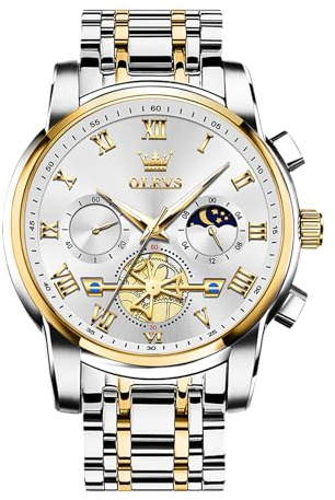 OLEVS Bicolor Herrenuhr Edelstahl Armband Wasserdicht Herren Armbanduhr Mondphase Römische Zahlen Großes Metall Uhr Herren Weiß Zifferblatt Elegante Quarz Uhren für Männer Leuchtend Geschenke