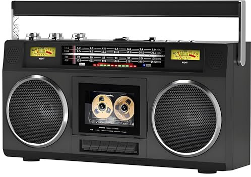 Boombox portatile da 40 W con lettore di cassette Bluetooth e 4 grandi altoparlanti, radio stereo AM/FM/SW1/SW2, porta AUX da 3,5 mm, 6000 mAh, design illuminazione orologio VU – ideale per anziani e