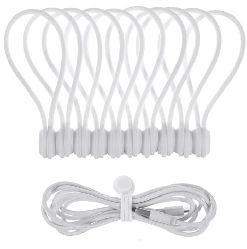 Lusofie 10 Pièces Attache Câble Magnétiques Organisateur de Clips de Câble en Silicone Attaches de Câble Réutilisables Gestionnaire de Câbles USB pour Bureau L'école Maison (Long, Blanc)