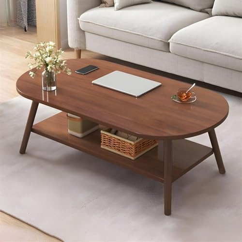 Mesa de centro ovalada de madera de mediados de siglo, mesa moderna de 2 niveles con estante de almacenamiento para apartamentos pequeños, sala de estar