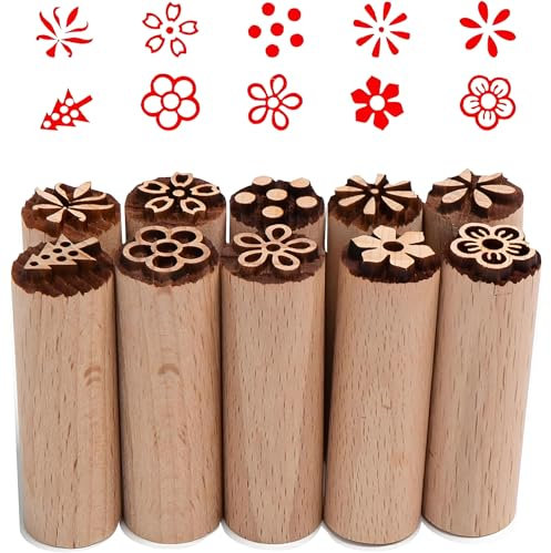 Yuiturt 10 pcs Wooden Pottery Stamps, Natural Column Wood Stamps with Flower, Patterns for DIY Pottery, Scrapbook, Card Making, Crafts, Cookie and Mooncake