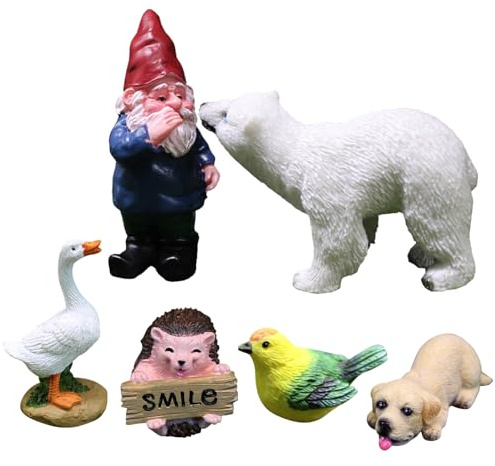 TYXHXTF Lot de 6 Décoration de Jardin, Ornements de Miniatures de Fée, Statue Nain et Animaux Exterieur, Mini Décorations de Maison DIY, Accessoires de Jardin