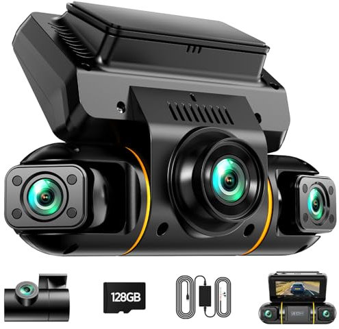 LAMTTO 360 Degrés Dashcam Voiture Avant Arrière 4 Canaux Camera Embarquée Contrôle de l'application Wi-FI 5G Surveillance du Stationnement Vision Nocturne IR Kit de Câblage pour SD 128GB Incluse