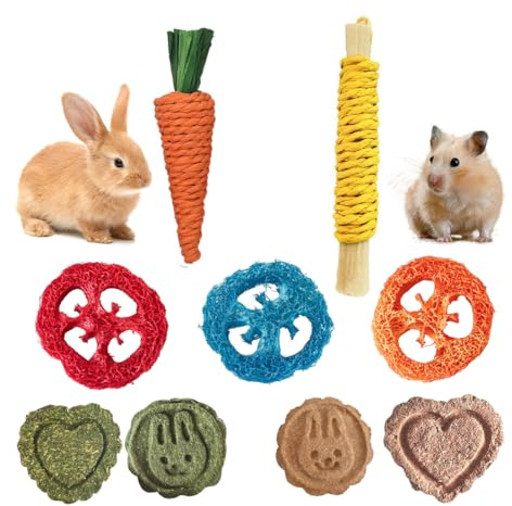 OUDQFCJ 9 Juguetes para Animales Pequeños, Naturales para Masticar Heno Timothy, Mejora la Salud Dental, para Conejos, Chinchillas, Hámsteres y Otros, Accesorios para Conejos y Juguetes Hamster
