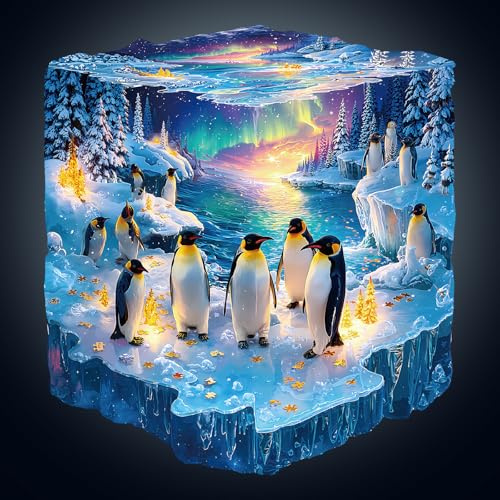 WOODBESTS Puzzle en bois pour adultes, pingouins congelés, puzzle unique irrégulier, beaux cadeaux pour les amateurs de puzzle (34 x 31,1 cm, 265 pièces)