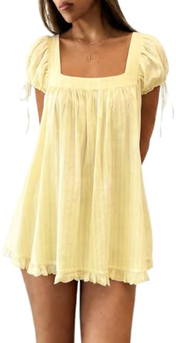Women Puff Sleeve Babydoll Mini Dress Y2K Lace Trim Ruffle Flowy Dresses Summer Loose Swing Going Out Sundresses