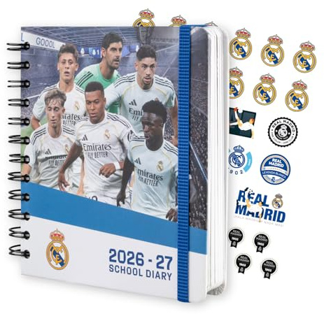 Grupo Erik Agenda escolar Real Madrid 2026 2027 | Agenda Dia por Pagina futbol, Niños Primaria, Curso 26/27, Con Anillas, Tapa dura, Pegatinas e Ilustraciones (14x16 cm)