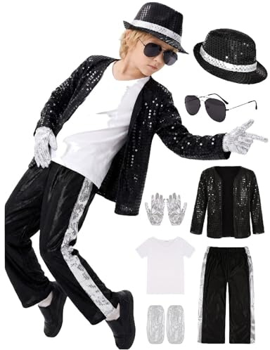 Disfraz Rey del Pop para Niño, Chaqueta y Pantalón Lentejosos Estilo Años 80-90, Conjunto Chaqueta a Rayas y Pantalón Dorado Lentejoso, Accesorios Completos Infantiles para Halloween Carnaval