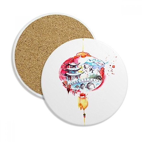 China chino farol puente dibujo piedra bebida posavasos de cerámica para taza regalo 2pcs