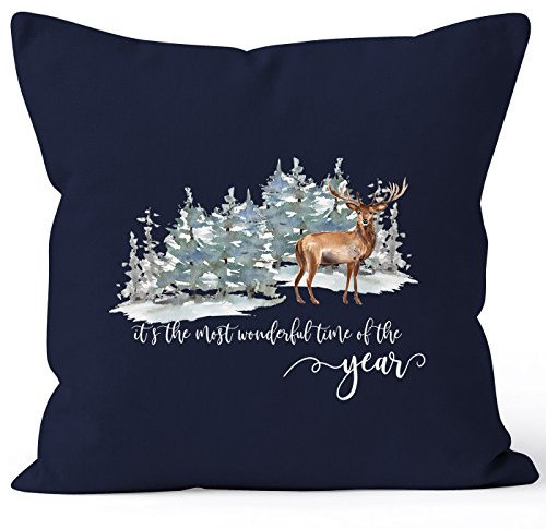 Autiga Kissenbezug Weihnachten It`s The Most Wonderful time of The Year Hirsch Weihnachtsmotiv Navy 40cm x 40cm