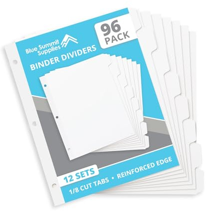 Blue Summit 8 Tab Dividers for 3 Ring Binder, Reinforced Edge, 1/8 Cut, Letter Size, Binder Dividers 8 Tab Bulk for Notebooks, White Index Divider, 12 Sets, 96 Pack