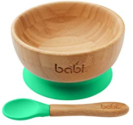 Babi® Ensemble bol et cuillère assortie pour bébé en bambou naturel avec anneau ventouse en silicone Vert