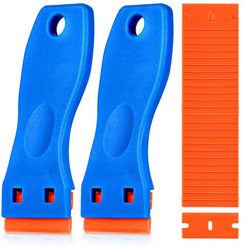 KUSUFEFI Grattoir à lame de rasoir en plastique, 2 pièces avec 60 lames en plastique, grattoir de nettoyage pour autocollants, autocollants, adhésifs, étiquettes, peinture, verre, voiture, fenêtre,