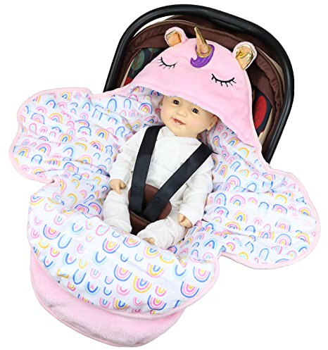 Hivia Einschlagdecke Babyschale Winter 90x90cm Einhorn Babydecke Mädchen für Buggy Kinderwagen,Baby Geschenk Neugeborene Regenbogen/Rosa