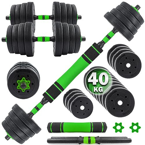 C.P.Sports 2in1 Kurzhantel & Langhantel Set 30kg / 40kg | Hantelscheiben – Gewichte – Hantelstangen | verstellbare Hanteln – Hantelset für Krafttraining, Fitness, Home Gym (grün-schwarz – 40kg Set)