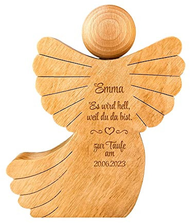 Engel Figur zur Taufe, Schutzengel mit Gravur, Personalisierte Holzengel Dekofigur, Taufgeschenk für Mädchen und Jungen, Geldgeschenk, Holz Deko Engel, Geschenke zur Taufe, Holzfiguren Dekoration