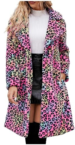 Manteau en Fausse Fourrure Femme, Léopard Manteau en Fourrure synthétique Veste d'hiver Chaude Manteau Élégant Couleur Unie Fluffy Manteau en Fausse Fourrure Polaire Coat Jacket