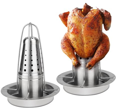 SWAWIS 2 Stück Hähnchengriller für 2 Hähnchen, Hähnchenbräter Grill aus 430 Edelstahl, Hähnchen Ständer mit Bierdose, Hähnchenhalter mit Aromabehälter Geflügelbräter Für Grillabende, Spülmaschinenfest