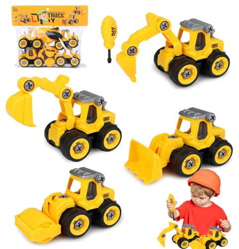 OUOQI 4 Stück Bagger Spielzeug,Bagger Spielzeugautos,Baustellen Fahrzeuge Spielzeug,Baufahrzeuge Spielzeug mit Schraubendreher,Bulldozer Spielzeug ab 3 4 5 6 Jahren für Kinder