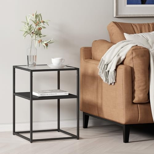 [en.casa] Mesa Multifuncional Solund Diseño Industrial Cuadrada Mesa Auxiliar con Estante Adicional Mesilla de Noche Estable Tablero de Cristal Templado Acero 55x40x40 cm - Negro Mate
