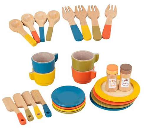 Sharplace Wooden Toy Plates Dishes Play Cutlery Plate Set Life Skills, Simulation Montessori Play Dishes for Kids for Toddlers Children