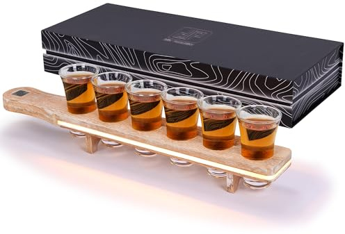 Don Paragone Shot Glasses with LED Tray - Solid Oak Wood Serving Set with 6 Heavy Base 2 Ounce Glasses, Luxury Gift Box, Premium Barware for Tequila, Whiskey and Bourbon Lovers