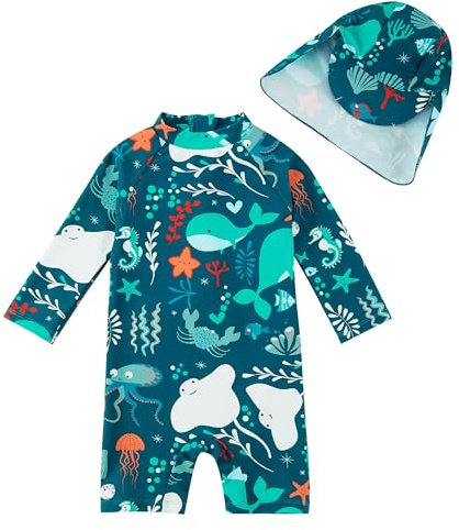 upandfast Maillot de Bain Une pièce avec Fermetures éclair pour bébé garçons Maillot de Bain pour bébé Protection Solaire UPF 50+ avec Chapeau de Soleil (Baleine, 2-3 Ans)