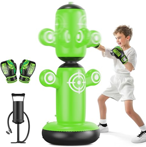 QPAU 360 ° sacchetto di punzonatura girevole per i bambini, Lager 64 sacchetto di punzonatura per bambini con guanti, pompa a mano e 6 obiettivi, giocattolo di punzonatura gonfiabile, regali (verde)