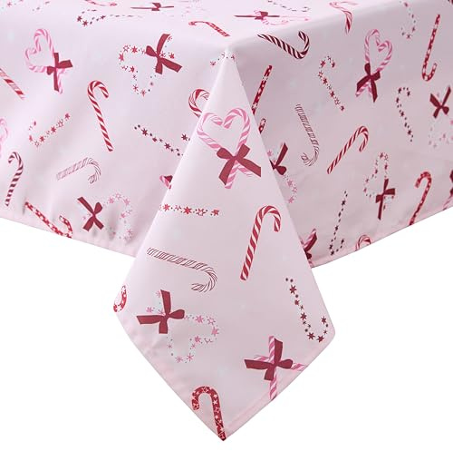 Laura Ashley Decorative Tablecloth, Wrinkle and Stain Resistant, Spillproof Water Repellent, Easy Care Washable Polyester Fabric for Dining, Kitchen, Holiday and Party, 60 x 102, Pink Candy Cane