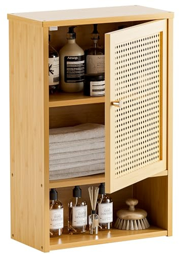 HITNET Armario Baño Pared en Ratán, Mueble Colgante de Bambú, Gabinete de Almacenamiento Suspendido con Compartimento Abierto y Estante Ajustable, para Salón, Pasillo y Cocina, Color Natural