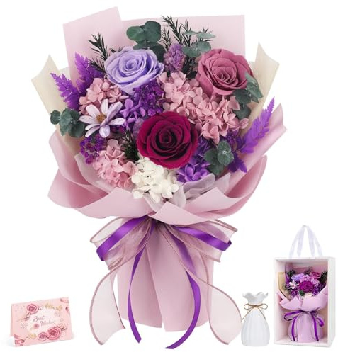 Preserved Flowers Bouquet Flowers Delivery Next Day Prime Real Forever Roses Bouquet Last 3-5 Years for Women Mom Wife Girlfriend Anniversary Christmas Thanksgiving Birthday valentines for Her(Purple)