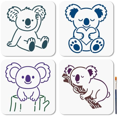 MAYJOYDIY 4 plantillas de Koala con diseño de animales australianos, 20 x 20 cm, plantilla de dibujo koala durmiente con pincel para manualidades en ventanas, paredes de madera y decoración del hogar