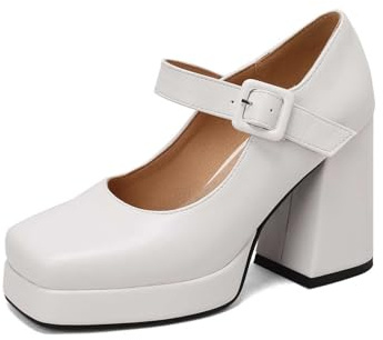 Mary Janes Chaussures pour femme avec boucle fermée, talons hauts, plateforme, escarpins rétro pour mariage, fête, danse, soirée, mariage, chaussures à talons hauts, chaussures traditionnelles, Blanc
