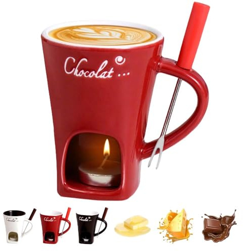 Fondue Mug, 2025 New Chocolate Fondue Mug, Ceramic Butter Warmers Pot Set, Personal Chocolate Melting Cup, Light Candle Fondue Melter Set for Home (red)