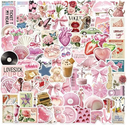 100pcs Vintage Pink Girls Stickers Coquette Pink Aesthetic Stickers for Water Bottles,Laptop Scrapbook Waterproof Computer Phone Guitar Aesthetic Decals
