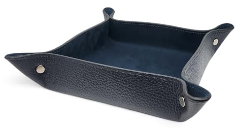 FAST WORLD SHOPPING - Svuotatasche in Vera Pelle Made in Italy, Organizer da Tavolo Design Moderno, Vassoio Portaoggetti Elegante per Scrivania Comodino o Mobile Ingresso Casa Ufficio (Blu Scuro)