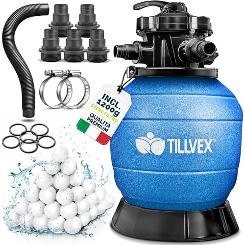 tillvex® Filtro de Arena para Piscina SIN Bomba + Bolas filtrantes hasta 50 m³ (50.000 litros) | Depósito Filtro Piscina Incl. Adaptador Ø32-38mm | Válvula 7 vías, manómetro & Tubo de aspiración